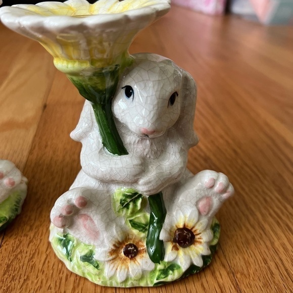 Hand painted Spring White Bunny Ceramic Candle holder Easter Bunny Crackle Paint - Picture 6 of 11